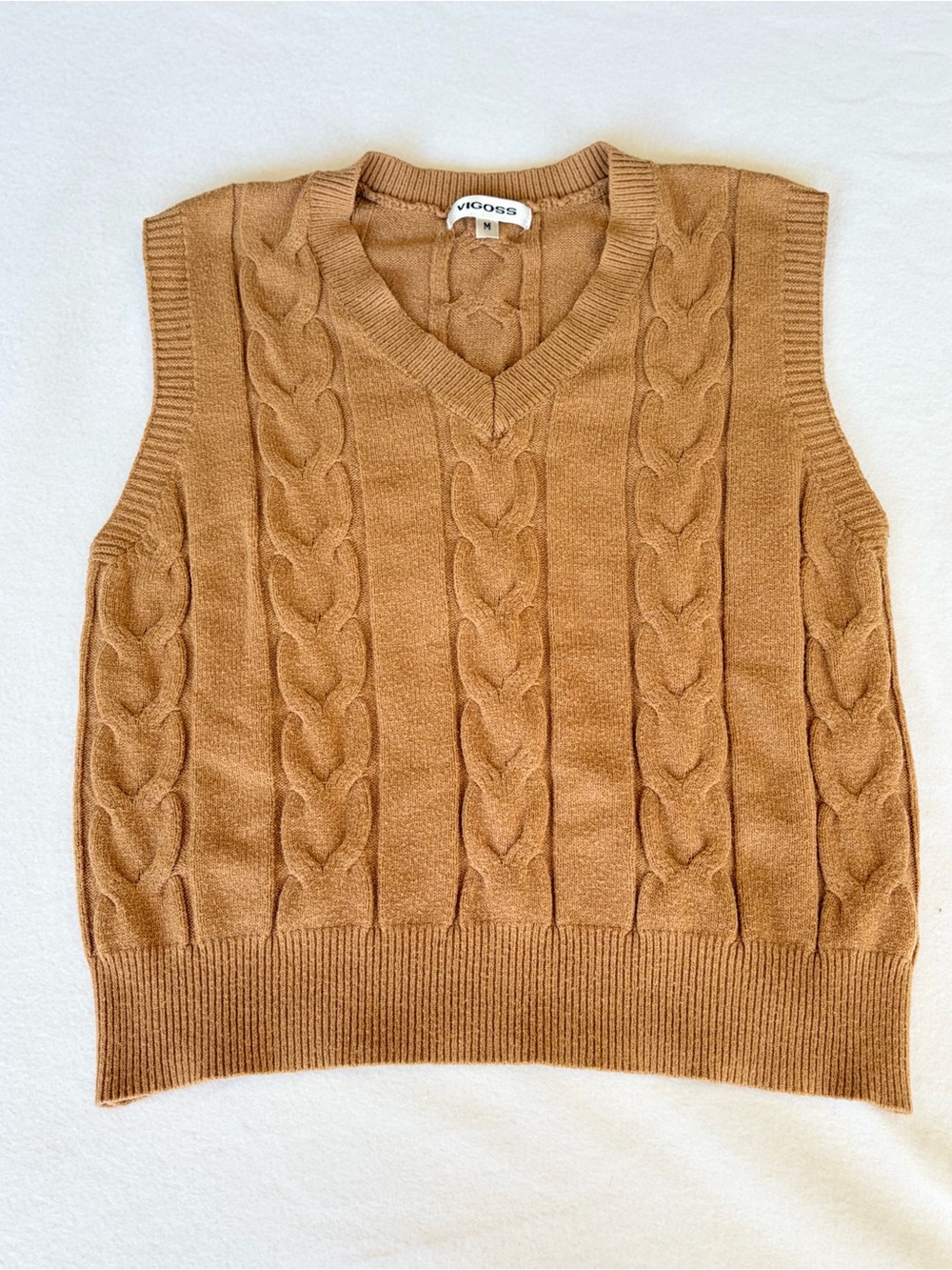 Vigoss Tan Cable Knit Sweater Vest V Neck Preppy Grandpa Core Medium